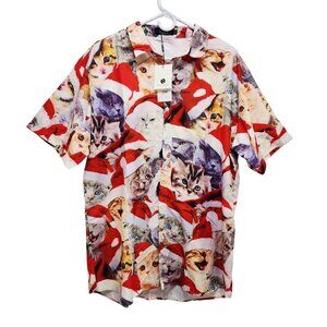 Mens Christmas Cat Print Button-Up Short Sleeve Shirt By SSLR Size XL